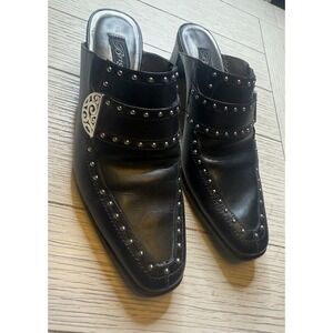 Brighton Womens Mules Slip Ons Black Leather Studed Bling Block Heel  Slides7.5M